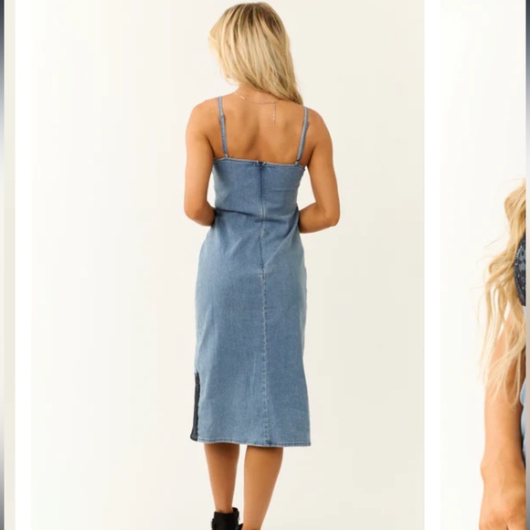 Chic Denim Midi Dress with Black Lace Accents - Picture 2 of 5